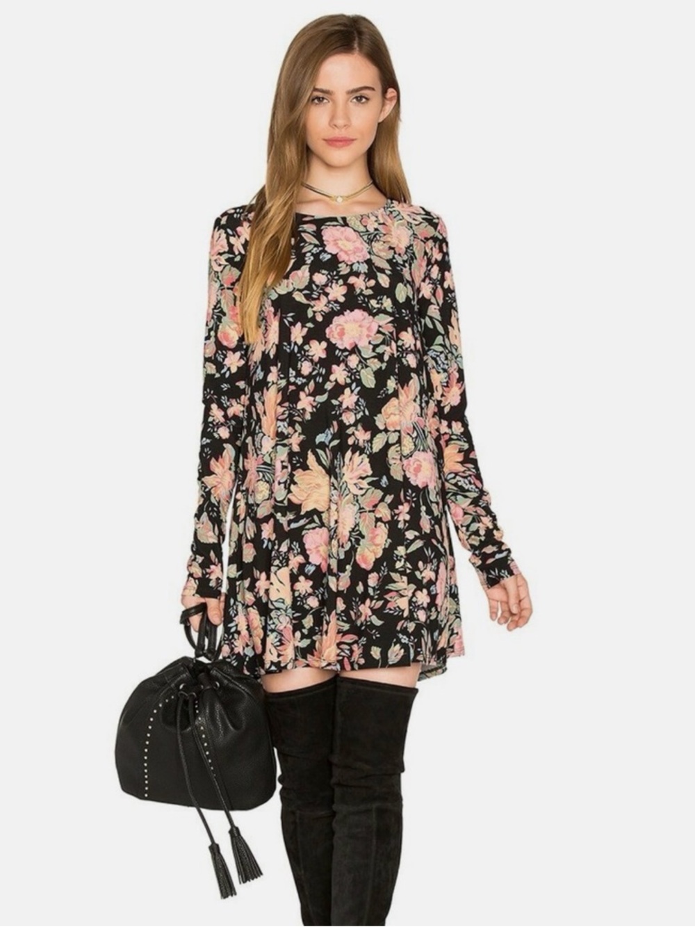 Show Me Your Mumu Black Floral Scoop Neck Tunic Dress Small